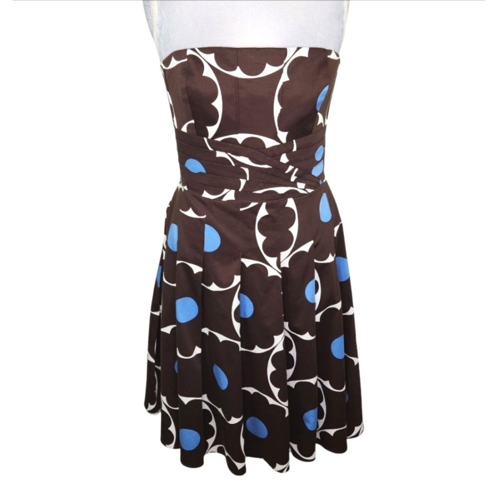 VTG Kay Unger Brown & Blue Polka Dot Strapless Fit & Flare Pleated Hem Dress 12 - Picture 2 of 15